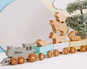 Custom Wooden Train With Set of Animals Personalized Gift For Kids 1st Birthday Boy Gift Fidget Toys For Toddlers Sensory Toys Nursery Decor