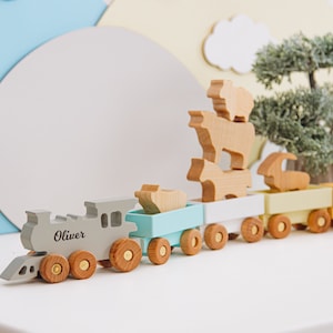 Wooden Toy Train With Set of Animals Personalized Name Gift For Kids 1st Birthday Boy and Girl Gift For Toddlers Sensory Toys Nursery Decor image 2