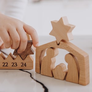 Calendario de Adviento de cuenta regresiva para Navidad para niños con belén, decoración rústica navideña para adultos, decoración de chimenea, tarjetas de actividades de Adviento