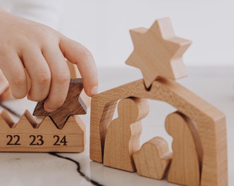 Children's Countdown to Christmas Advent Calendar With Nativity Scene Set Adult Rustic Holiday Decor Fireplace Decor Advent Activity Cards