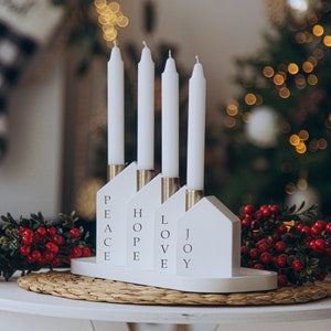 Get Ready For Christmas. Advent Candlestick Holders. Peace Hope Love Joy. X-mas Decoration. Holiday Table Centrepiece. Gifts For Parents.