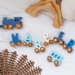 Blue Train With Name, Wooden Letter Train, Baby Boy Birthday Gift, Personalized Toy Train, Fidget Toys For Toddlers, Train With Railway