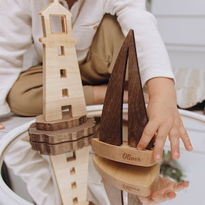 Wooden Toy Ship With Lighthouse. Personalized Baby Gift. Pretend Play Toddler. Waldorf Toys. Ocean Nursery Decor. Easter Gifts For Kids. image 1