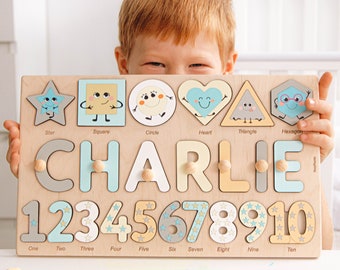 Personalized Baby Boy Gift. Educational Montessori Puzzle With Funny Shapes And Numbers. Custom Birthday Presents. Easter Gifts For Kids.