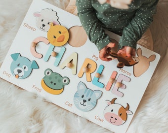 Name Puzzle With Animals | Toddler Wooden Montessori Toy | Personalized Easter Gift | Unique Gift For Kids | First Birthday Gift