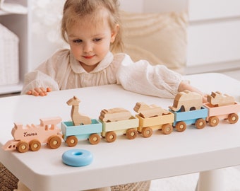 Freight Train With Safari Animals. Personalized Gift For Kids. Wooden Toy Train For Toddlers. Custom Birthday Gift. Baby Girl And Boy Gifts.