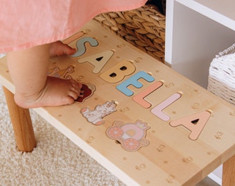 Taburete infantil personalizado con nombre, rompecabezas, banco, regalo para niños de 1 a 2 años, bautizo de niña, primera Navidad.