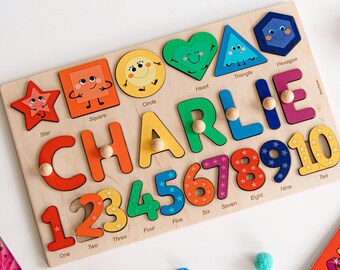 Cute Name Puzzle With Shapes & Numbers. Educational Toys For Toddlers. Preschool Gift. Montessori Board. Birthday Gift For Kids. Wooden Toy.