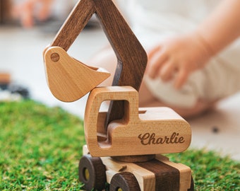 Toy Construction Excavator Handmade Wooden Construction Toy Vehicles Custom Baby Gifts Birthday Boy Gifts Kids Pretend Play First Christmas