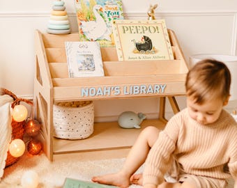 Personalized Wooden Kids Bookshelf, Custom Name Book Display, Toddler Reading Nook, 2nd Birthday Gift