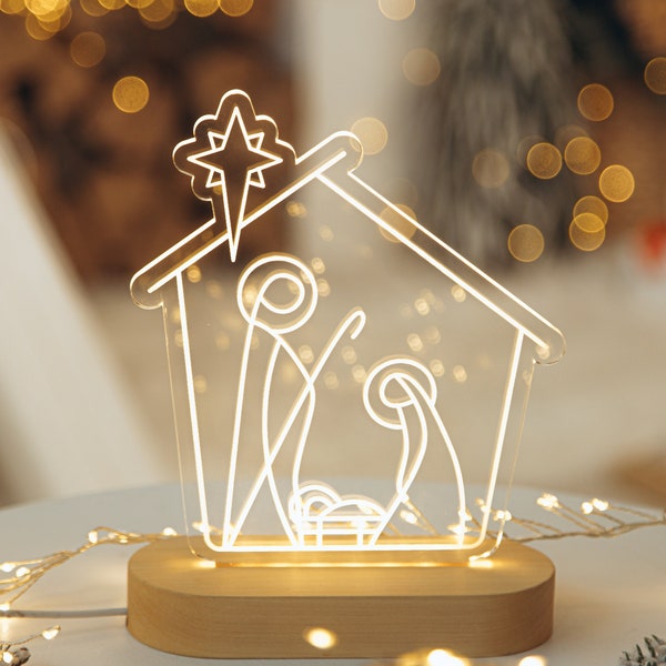 Ensemble de crèche illuminée, veilleuse du Christ est né, lumière de la nativité, décoration des fêtes, décoration de scène de la nativité, lampe de la nativité, cadeaux de Noël