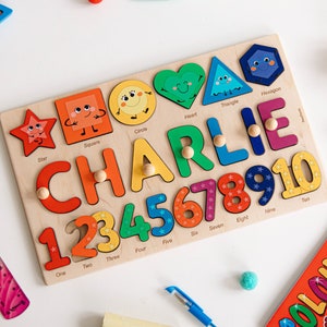 Wooden Name Puzzle With Shapes and Numbers, Educational Toys For Toddlers, Birthday & Christmas Gifts For Kids, Personalized Children Gift