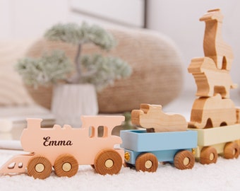 Personalized Train With Animals. Unique Birthday Gift For Kids. Wooden Toys For Toddlers. Toy Train With Name. Fidget Toy. Baptism Boy Gift.