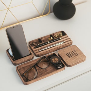 Personalized Desk Organizer For Men Anniversary Gift Him Fathers Day Gift Wooden Catch All Tray Custom Desk Organizer Wood Anniversary Gift