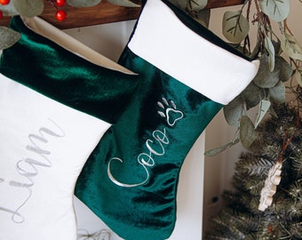 Christmas Stockings For Family With Pet. Personalized Embroidered Stockings. Velvet Stockings. Christmas Accents. Holiday Home Decoration.