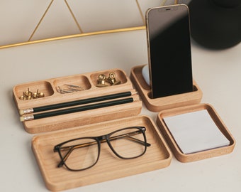 Desk Organizer, Headphone Holder, Office Accessories, Wooden Tray For Men, Personalized Father&#39;s Day Gift, Sticker Storage Box, Teacher Gift