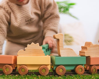 Freight Train With Dinosaurs Wooden Toys For Toddlers Dino Birthday Gift For Kids Sensory Toys Baprtism Gifts Montessori Preschool Toys