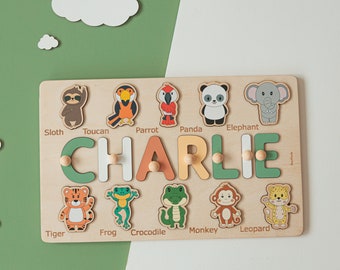 Wooden Name Puzzle With Safari Animals, Educational Toddler Toy, Montessori Board 1 Year Old, 1st Birthday Boy Gift, Easter Gift For Kids