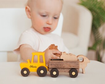 Wooden Farm Tractor Toy With Animals, Keepsake Gift, Toddler Boy Toy, Personalized Birthday Gift, Handmade Sensory Toy, First Christmas Gift