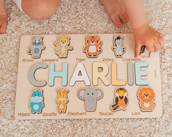 Personalized Baby Puzzle, Safari Animals Toys, Toddler Toys, Montessori Toys, 1st Birthday Gift, Wooden Kids Toys, First Easter Gift