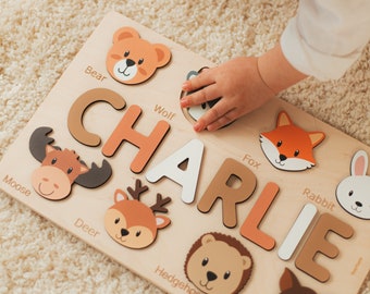 Name Puzzle With Woodland Animals, Woodland Nursery Decor, Baby Shower Gift, One Year Old Gif, Montessori Board, Toddler Toy, Gifts For Kids