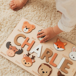 Name Puzzle With Woodland Animals, Woodland Nursery Decor, Baby Shower Gift, One Year Old Gif, Montessori Board, Toddler Toy, Gifts For Kids