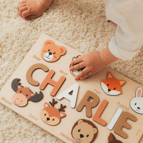 Name Puzzle With Woodland Animals, Woodland Nursery Decor, Baby Shower Gift, One Year Old Gif, Montessori Board, Toddler Toy, Gifts For Kids