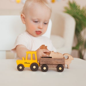 Personalized Tractor With Toy Farm. Sensory Toys For Toddlers. Wooden Kids Toys. Toy Tractor With Name. Baby Gifts. First Easter Gift. image 2