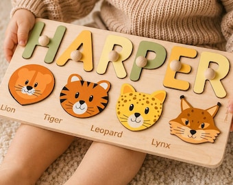 Personalized Wooden Name Puzzle with Wild Cats, Toddler Birthday Gift with Pegs