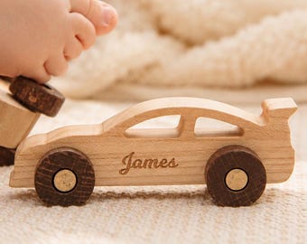 Wooden Toy Race Car, Personalized Name Gift for Toddler Boy, 2nd Birthday Gift