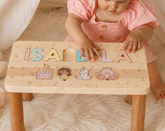 Personalized Princess Puzzle Stool, Custom Name Wooden Stool, Birthday Gift for Girl