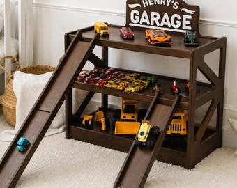 Personalized Wooden Vehicle Garage, Toy Car Display and Storage with Ramp