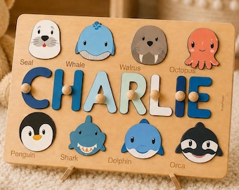 Personalized Ocean Name Puzzle with Pegs, Wooden Toddler Toy, 2nd Birthday Gift