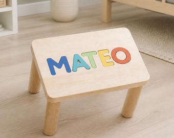 Pastel Name Puzzle Stool, Personalized Wooden Step Stool for Toddler, Custom Montessori Nursery Gift