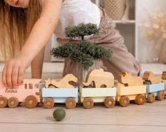 Personalized Wooden Animal Train, Custom Toddler Toy, 3rd Birthday Gift for Girl