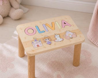Personalized Name Puzzle Stool for Girl, Wooden Step Stool With Princess Design, Custom Toddler Birthday Gift