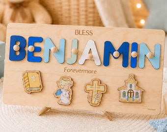 Personalized Baptism Name Puzzle with Pegs, Wooden Christening Gift for Baby Boy