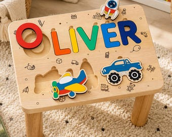 Personalized Wooden Puzzle Stool, Custom Name Toddler Step Stool, 2nd Birthday Gift for Boy
