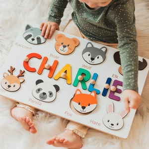 Custom Name Puzzle Animals Baby Gift Personalized Toddler Toys 1, 2, 3 Year Old Educational Toys Unique Baby Gift Wooden Montessori Toys image 1