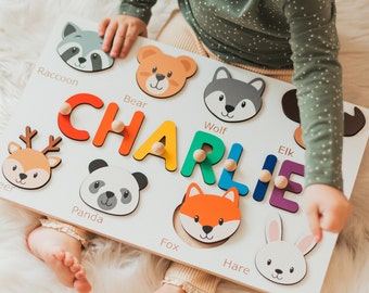 Custom Name Puzzle Animals Baby Gift Personalized Toddler Toys 1, 2, 3 Year Old Educational Toys Unique Baby Gift Wooden Montessori Toys