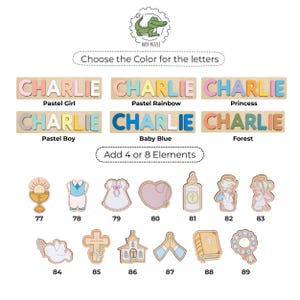 May include: Wooden name puzzle with the name "CHARLIE" in various pastel colors: pink, yellow, blue, and orange. Includes additional wooden elements such as a chalice, dress, heart, candle, angel, dove, cross, church, and rosary. The text "Busy Puzzle" is at the top.