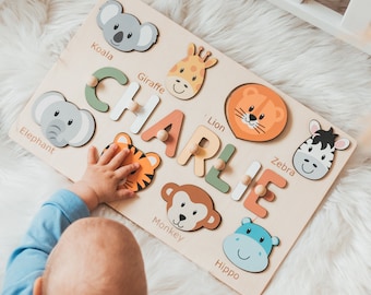 Safari Nursery Theme Personalized Name Puzzle with Animals Animal Wooden Gift Custom Gifts for Toddlers Puzzle With Name Birthday Gift
