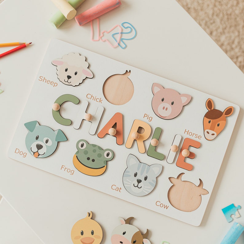 Custom Name Puzzle With Animals For Toddlers Unique Baby Gift Forest Animals Puzzle Board Unique New Baby Gift Nursery Decor Montessori Toys image 2