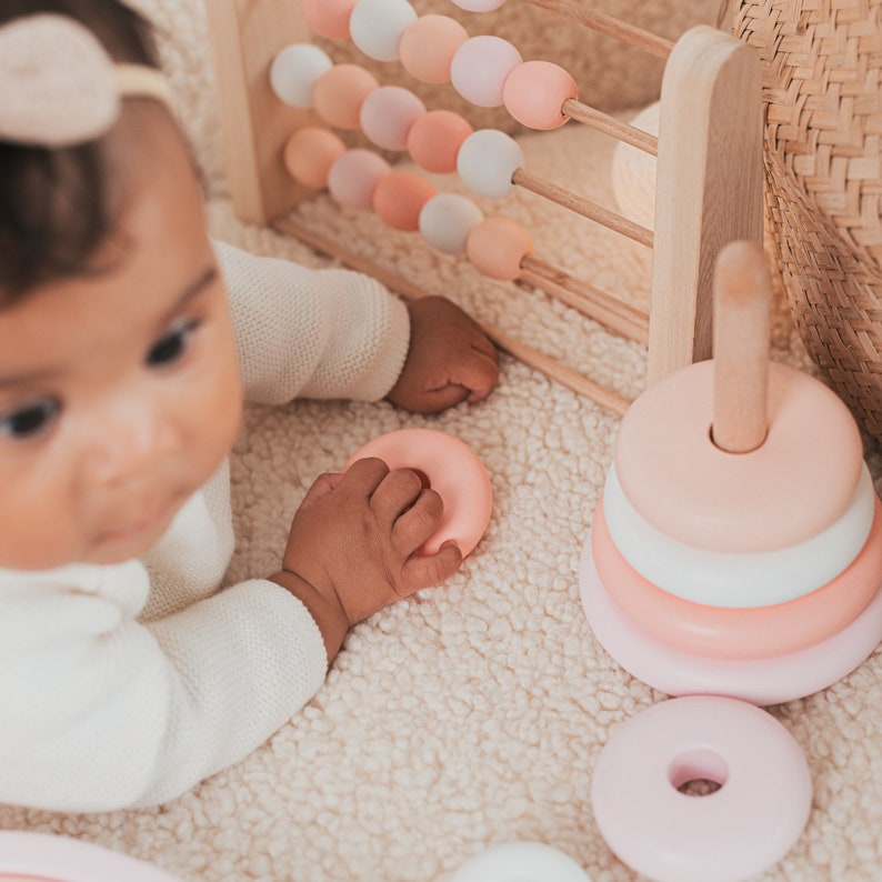 Baby Nursery Decor Khaki Ring Stacker Wooden Baby Toy Rainbow Nursery Decor Montessori Toys Pyramid Toy image 6