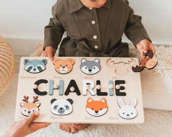 Woodland Nursery Decor Personalized Name Puzzle with Animals Toddler Montessori Toys Christmas Gift First Birthday Girl and Boy Kindergarten