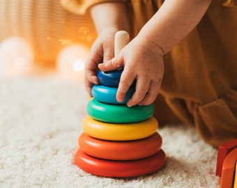 Wooden Stacking Rings, Montessori Toy 1 Year Old, Rainbow Stacker Personalized, First Easter, Gift For Kids, Educational Toys