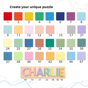 以下が含まれることがあります： Create your unique puzzleと書かれた、32色の番号付き正方形カラーチャート。その下には、パステルカラーの文字でCHARLIEと書かれた木製の名前パズルがあり、対応するカラー番号40、14、21、25、38、46、42が記載されています。