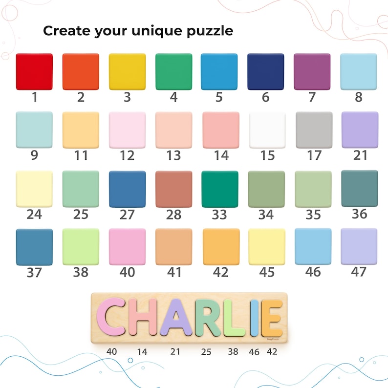 以下が含まれることがあります： Create your unique puzzleと書かれた、32色の番号付き正方形カラーチャート。その下には、パステルカラーの文字でCHARLIEと書かれた木製の名前パズルがあり、対応するカラー番号40、14、21、25、38、46、42が記載されています。