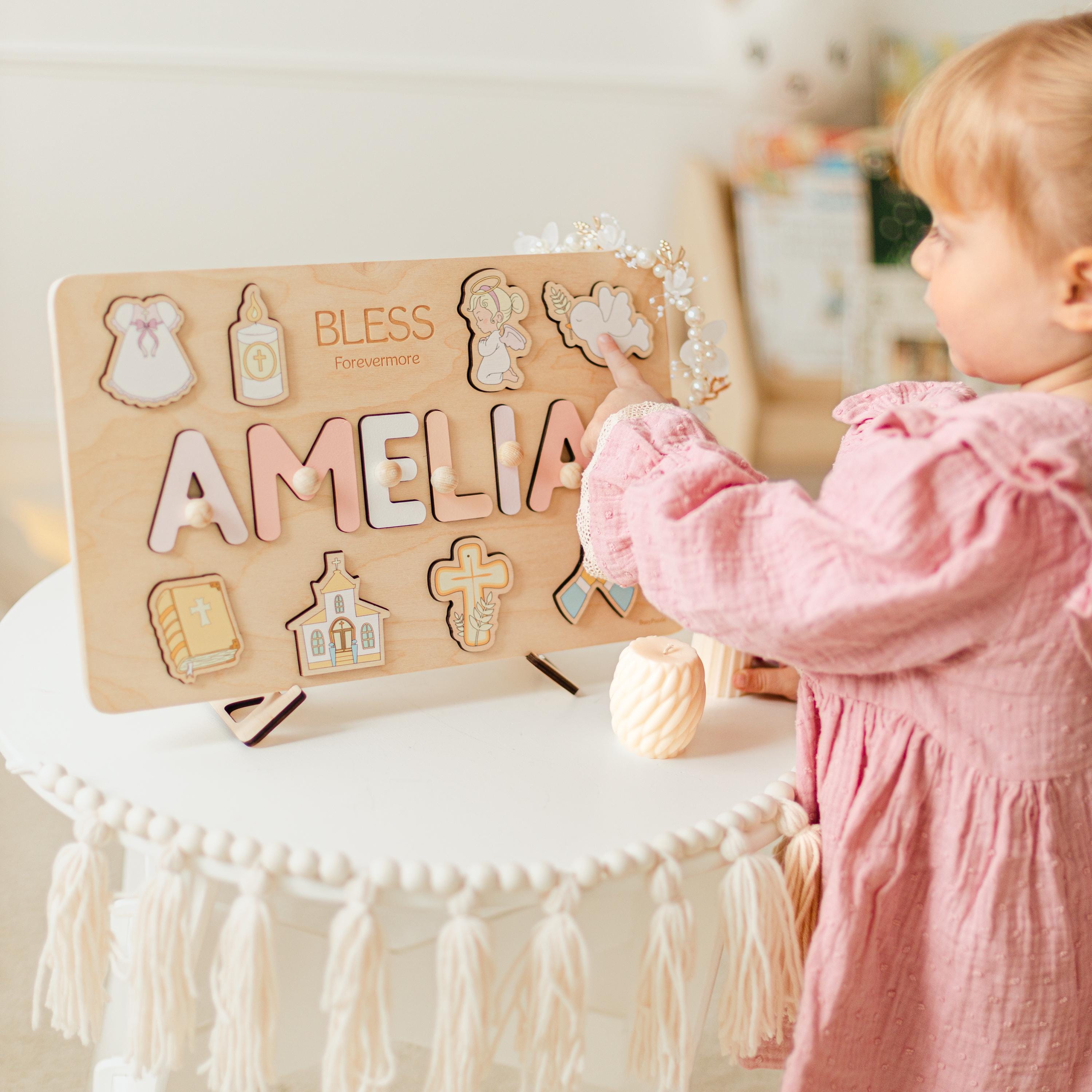 Custom Religious Wooden Name Puzzle with Pegs, Personalized Baptism Keepsake for Toddler Girl