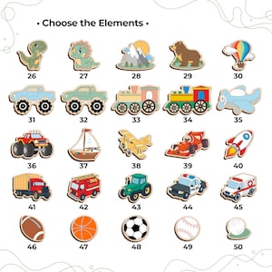 Pode incluir: Pe&ccedil;as de quebra-cabe&ccedil;a de madeira com v&aacute;rias formas e objetos, incluindo um dinossauro, um caminh&atilde;o, um trem e equipamentos esportivos. O texto "Choose the Elements" est&aacute; no topo.